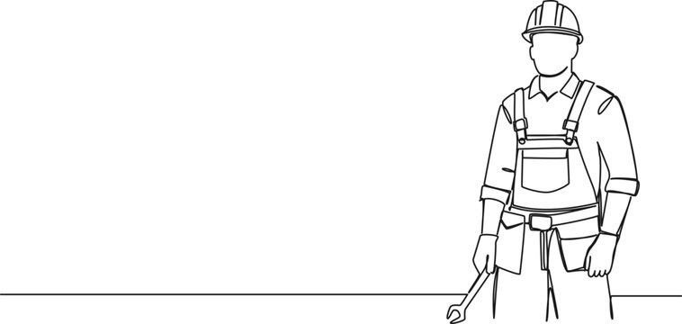 recommend clip art: continuous single line drawing of construction worker wearing hard hat and holding wrench, line art vector illustration