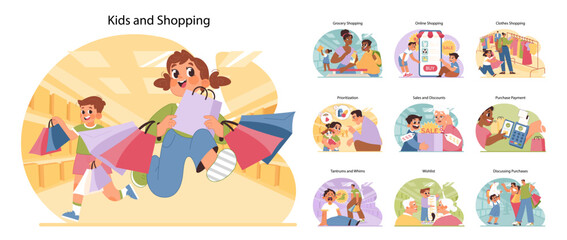 Kids and shopping set. Young consumers experiencing the retail world. Family grocery runs, online buys, mall excursions. Managing wants versus needs, joys of sales. Flat vector illustration