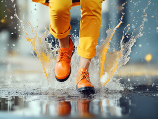Woman wearing rain rubber boots walking running and jumping into puddle with water splash and drops