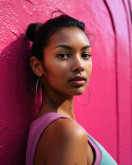 Fototapeta premium Young diverse woman against a vibrant colored wall
