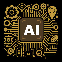 AI artificial intelligence chip circuit board, Golden AI circuit board, abstract vector on black background.