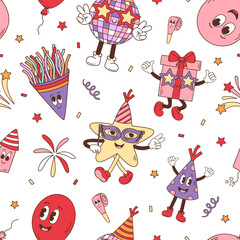 seamless pattern with groovy star, gift, balloon, Disco Ball, confetti cracker