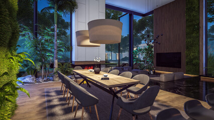3d rendering of expensive cozy interior with green walls with living dining zone stair and kitchen for sale or rent. Warm interior lighting combined with cold light from night street