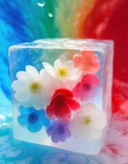 Artistic photo of frozen flowers in a block of ice for art prints, wallpapers, artwork on canvas, cards, gifts, and postcards