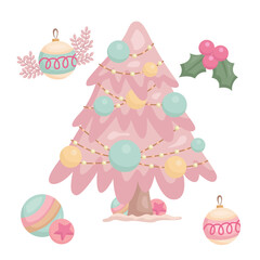 Christmas Tree in Pink Cartoon Decoration Illustration Vector Clipart Sticker