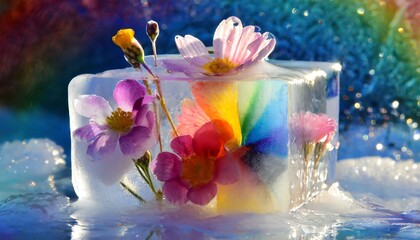 Artistic photo of frozen flowers in a block of ice for art prints, wallpapers, artwork on canvas, cards, gifts, and postcards