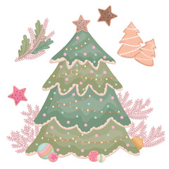 Christmas Tree in Pink Cartoon Decoration Illustration Vector Clipart Sticker