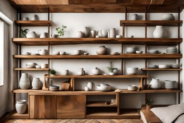 Obraz na płótnie Canvas Floating wooden shelves showcasing unique pottery pieces