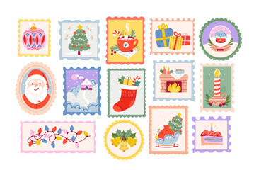 Christmas mail stamps set. New Year stickers on envelopes with festive Christmas illustrations. Hand drawn vector illustration.
