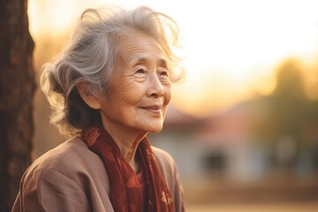 Elderly asian lady outdoors with evening light and copyspace