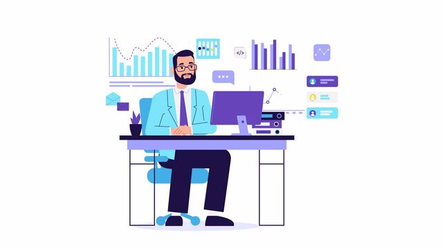 Businessman character work at computer 2d animation. Financial graphs and charts, business. Accounting, analysis, audit, research. infographics. Finance statistics. office worker, manager, clerk