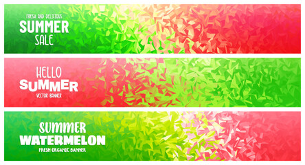 Set of colorful bright summer triangular watermelon long banners. Juicy bright trendy artistic design for banner, poster, flyer, cover or invitation. Summer banner with green and red colors. Vector