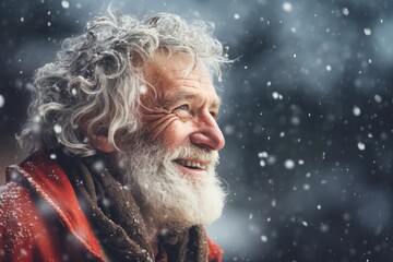 Elderly man happy in winter snow with copyspace. - obrazy, fototapety, plakaty
