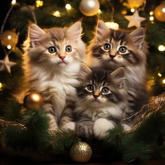 Cute kitties and Decorated christmas tree