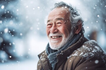 Elderly man happy in winter snow with copyspace. - obrazy, fototapety, plakaty