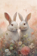 Fototapeta na wymiar Pair of cute rabbits in a serene and ethereal meadow 