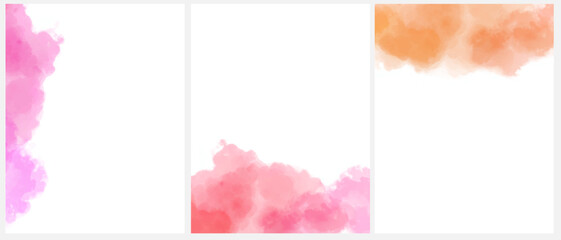 Delicate Abstract Watercolor Style Vector Layouts. Vibrant Pink, Orange and Red Paint Stains on a White Background. Vivid Color Stains and Splatter Prints. Rgb. Blanks with Watercolor Borders.