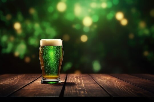Patrick Day green beer on empty wooden table top and blurred green background in pub. Festive traditional beverage.