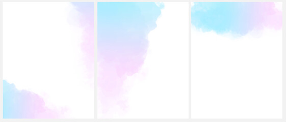 Set of 3 Delicate Abstract Watercolor Style Vector Layouts. Pastel Blue-Pink Paint Stains on a White Background. Blue-Pink Gradient Stains and Splatter Print Set. Rgb. Blanks with Watercolor Borders.