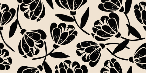Flower seamless background. Minimalistic abstract floral pattern. Modern print in black and white background. Ideal for textile design, wallpaper, covers, cards, invitations and posters. - obrazy, fototapety, plakaty