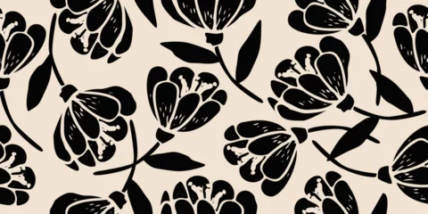 Foto op Canvas Flower seamless background. Minimalistic abstract floral pattern. Modern print in black and white background. Ideal for textile design, wallpaper, covers, cards, invitations and posters. © Udomdech