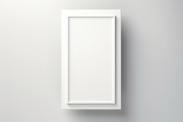 Empty white rectangular vertical photo frame on minimal light wall background. Mock up template advertisement concept