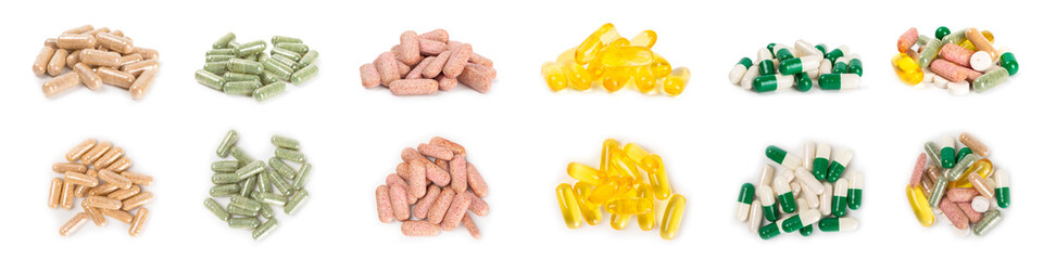 Vitamins and supplements. Variety of vitamin tablets isolated on a white background. Multivitamin complex for every day. Nutritional supplements. Time to drink pills. - obrazy, fototapety, plakaty