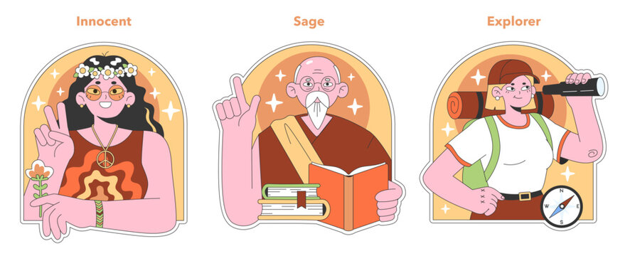 Personality psychological archetypes set. Twelve characters characteristics. Caregiver, creator, everyman, explorer, hero, innocent, jester, lover. Collective unconscious. Flat vector illustration