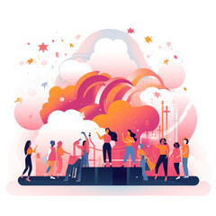 a scene of people attending a live performance or cultural event, capturing the vibrancy, excitement, and diversity of the audience in flat design.