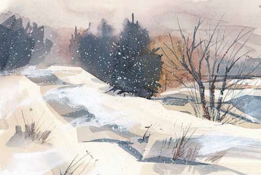 Winter landscape. Watercolor