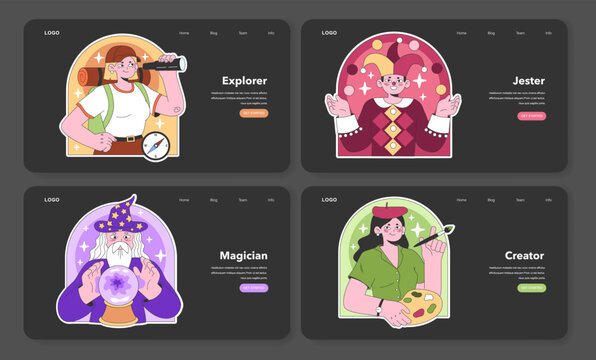 Personality psychological archetypes set. Twelve characters characteristics. Caregiver, creator, everyman, explorer, hero, innocent, jester, lover. Collective unconscious. Flat vector illustration