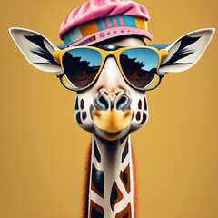 Portrait of a giraffe with hat and glasses.
