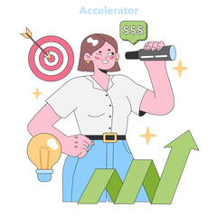 Accelerator concept. Confident woman peers through telescope, spotting opportunities. Bullseye, bright idea, and growth graph highlight her entrepreneurial vision. Flat vector illustration