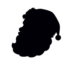 A profile portrait of Santa Claus with a curly beard. A black silhouette of the head in a long cap with pompom, side view. Vector illustration isolated on a white background.