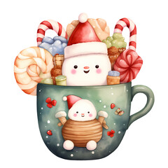 Fototapeta premium Cute Santa Mug Christmas Watercolor Clipart Illustration
