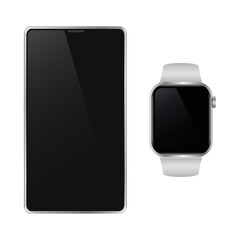 Smart Phone and Smart Watch with blank screen for your own design on transparent white background, vector illustration.