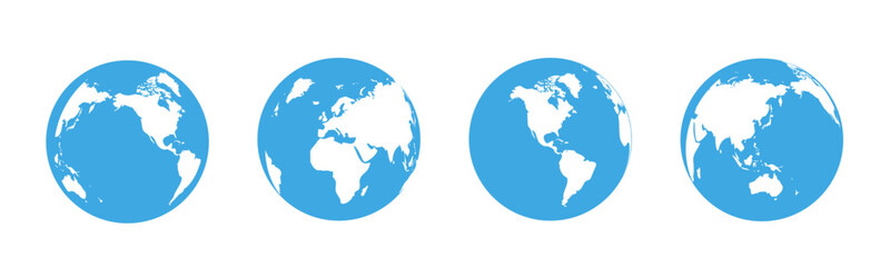 Earth globe set. World map in the form of a globe. Collection of blue earth globes on a white background. Flat style - vector illustration. eps10 - obrazy, fototapety, plakaty