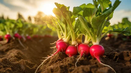 Fotobehang vegetables radish production and cultivation, green business, entrepreneurship harvest. Red © Valeriia