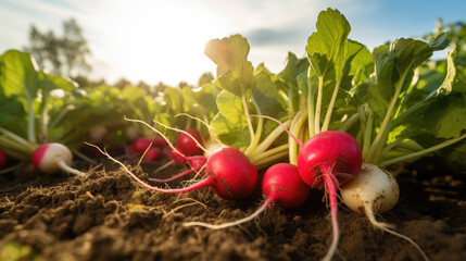 vegetables radish production and cultivation, green business, entrepreneurship harvest. Lies
