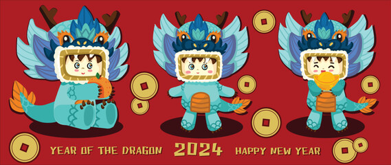 cute Dragon holding golden coin, and orange. Year of dragon Vector illustration. cute mascot.