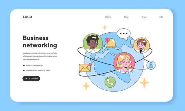 Global communication concept. Diverse faces orbit around an Earth map, showcasing real-time notifications, messages, and calls. Digital interaction, worldwide connectivity. Flat vector illustration