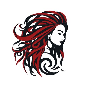 Simple graphic logo of girl with dreadlocks on white background.