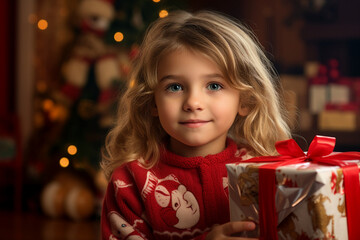 Fototapeta na wymiar Generative AI portrait of cute adorable girl enjoying atmosphere christmas decorations