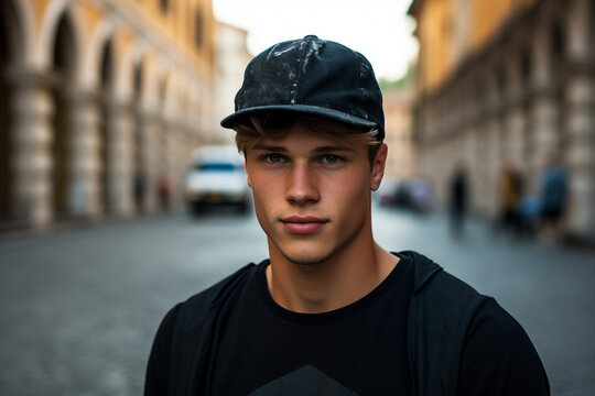 Picture of handsome happy man traveling in city generative ai technology