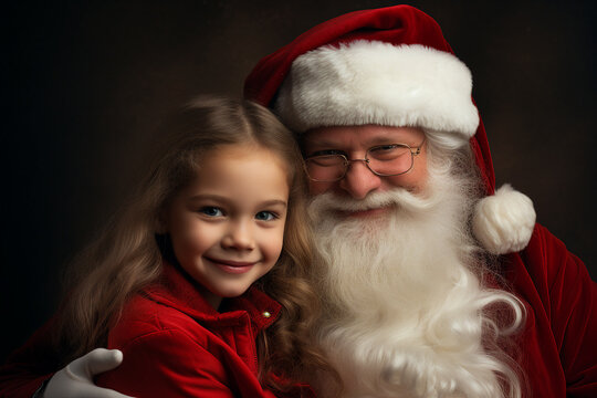 Generative ai portrait image of happy girl meet santa claus cozy festive christmas vibe