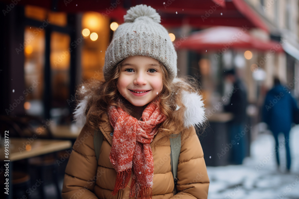 Poster AI generated image of happy carefree child walking on christmas market in small town