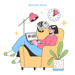 Contented woman enjoys remote work from a cozy armchair, analyzing charts on her laptop, accompanied by her feline friend, with a clock marking productive hours. Embracing home office benefits. vector
