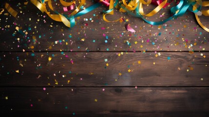 Colorful confetti and streamers on a wooden background, party concept Detailed High resolution High quality photo