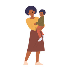 African American woman cartoon character holding child, loving mother carrying son in hands