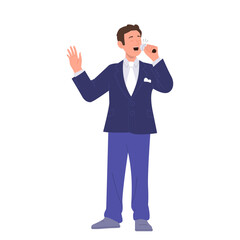Elegant man cartoon character singing in microphone vector illustration isolated on white background